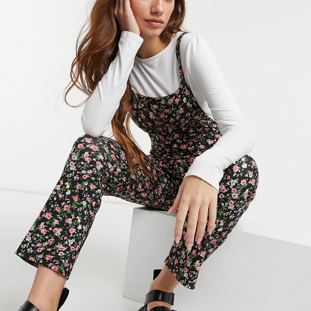 ASOS DESIGN black and pink floral print overalls size 8